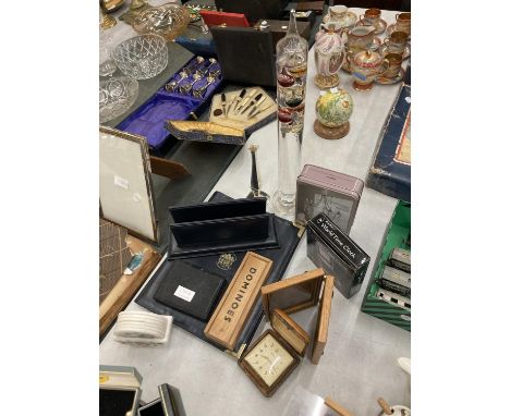 VARIOUS ITEMS TO INCLUDE DOMINOES, TRAVEL ALARM CLOCK, LETTER RACK, COASTERS, GALLILEO THERMOMETER, ETC 