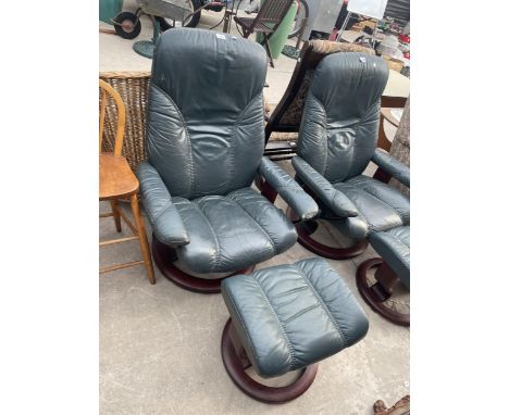 A GREEN STRESSLESS SWIVEL RECLINER AND STOOL 