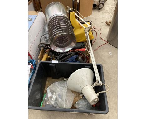 AN ASSORTMENT OF ITEMS TO INCLUDE A TORCH, AN ANGLE POISE LAMP AND PALM SANDER ETC 