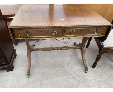 A 19TH CENTURY STYLE MAHOGANY AND CROSSBANDED SOFA TABLE 