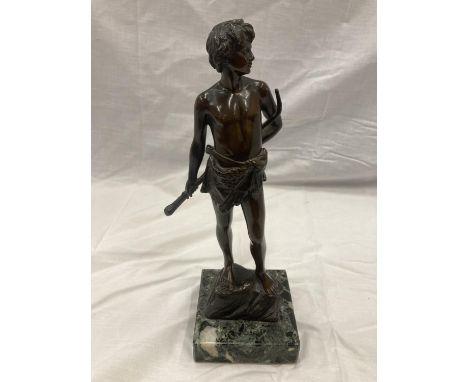 A SIGNED BRONZE MODEL OF A HUNTER ON A MARBLE BASE HEIGHT 32CM 