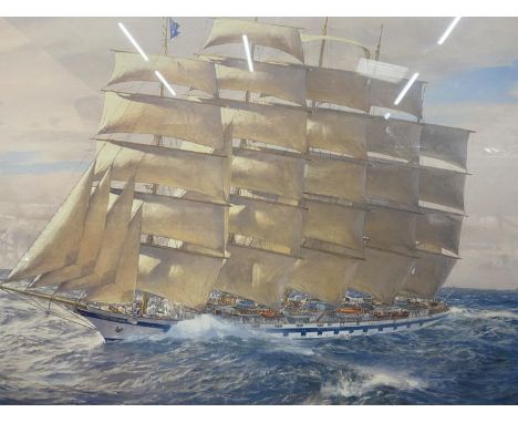 A LARGE GILT FRAMED SIGNED LIMITED EDITION PRINT OF ROYAL CLIPPER UNDER FULL SAIL BY GEOFF HUNT NO.4 OF 800 W: 95CM PLUS A LA
