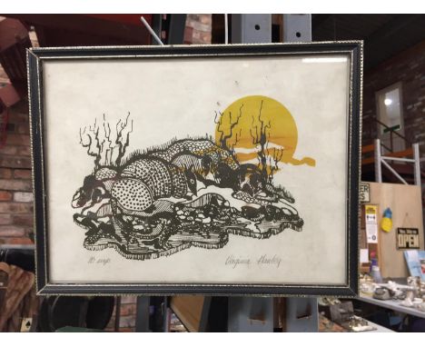 A VINTAGE SIGNED WATERCOLOUR OF ARMADILLOS SIGNED BY VIRGINIA HANLEY 