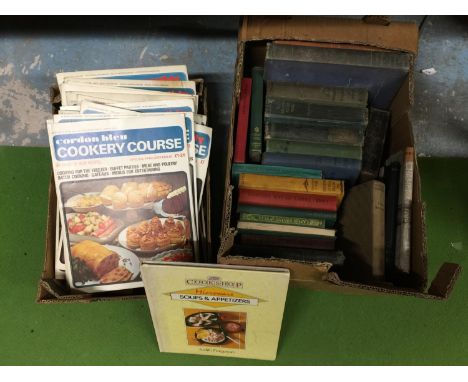 TWO BOXES OF VINTAGE FICTION AND NON FICTION BOOKD TO INCLUDE THOMAS HARDY, BROWNING'S POEMS, CORDON BLEU COOKERY COURSE, ETC
