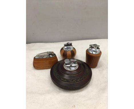 FIVE WOODEN TABLE CIGARETTE LIGHTERS TO INCLUDE A RONSON 
