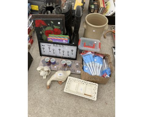 AN ASSORTMENT OF ITEMS TO INCLUDE A STICK STAND, A KEY STAND AND A CERAMIC DUCK FIGURE ETC 