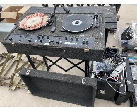 A PHOENIX STEREO POWERED CONSOLE MIXING DISH AND A QUANTITY OF MISCELLANEOUS WIRING 