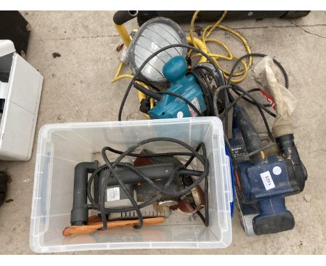A COLLECTION OF POWER TOOLS TO INCLUDE A MAKITA ROUTER, A RYOBI BELT SANDER AND AN ELU BELT SANDER ETC 