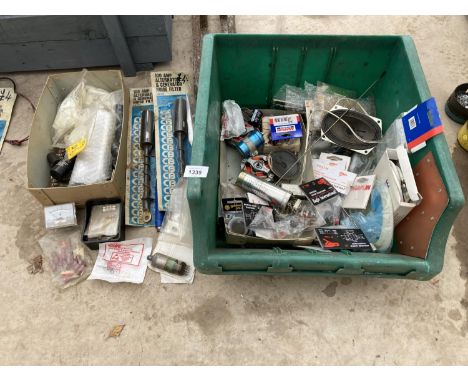 AN ASSORTMENT OF ITEMS TO INCLUDE SPEAKER PARTS, AN AMP METER AND TWO NOISE FILTERS ETC 