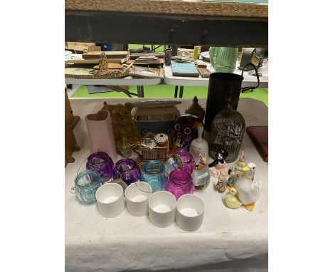 A QUANTITY OF ITEMS TO INCLUDE TEALIGHT HOLDERS, A CAMPER VAN MONEY BOX, TEA LIGHT HOLDER IN A BIRD CAGE, CERAMIC ANIMALS, ET