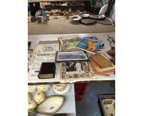 A QUANTITY OF ITEMS TO INCLUDE A PHOTO ALBUM FILLED WITH VINTAGE PHOTOS, EARLY COSMOPOLITAN MAGAZINES, VINTAGE COUNTRY LIFE, 