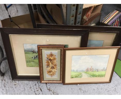 TWO FRAMED HUNTING PRINTS, FRAMED PRESSED FLOWERS AND A PRINT OF A COUNTRY HOUSE 