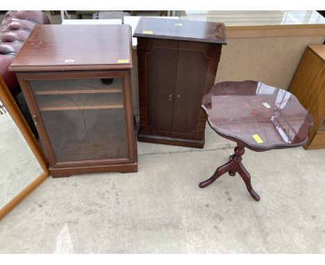 AN ITALIAN STYLE TRIPOD TABLE, HI-FI CABINET AND TWO DOOR STORAGE CABINET 