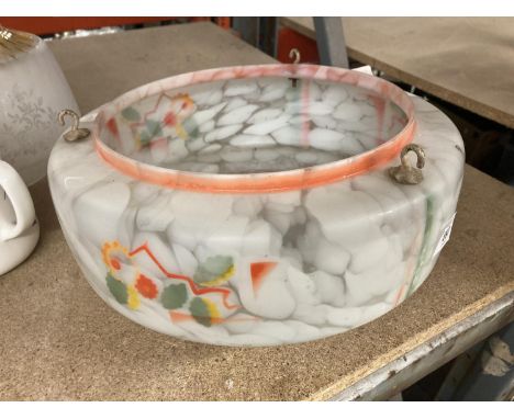A VINTAGE GLASS LIGHT SHADE DIAMETER 28CM WITH CHAINS 
