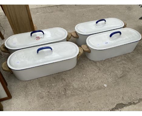 FOUR LONG ENAMEL COOKING POTS *PLEASE NOTE THIS ITEM IS SOLD PLUS VAT* 