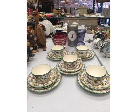 FIVE COPELAND SPODE FLORAL DECORATED TRIOS PLUS A DARTINGTON GLASS VASE AND A CRANBERRY VASE 