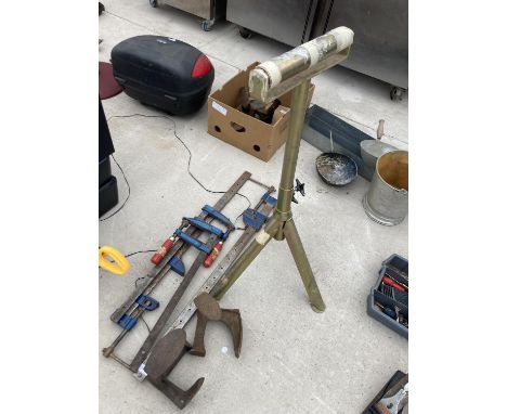 TWO SHOE LASTS, FOUR VARIOUS CLAMPS AND A TRESTLE ROLLER 
