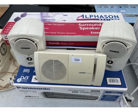 A PANASONIC DMR EZ49VEB4 DVD RECORDER, ALPHASON SURROUND SOUND SPEAKER SET, BOSE AND TWO SOLID SPEAKERS 