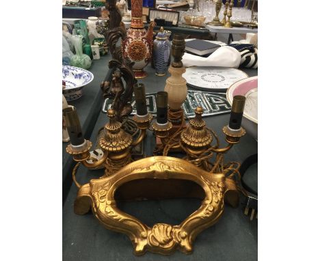 A HEAVY BRASS LAMP BASE WITH FAIRY DECORATION HEIGHT 38CM, A MARBLE AND BRASS LAMP BASE HEIGHT 25CM, A PAIR OF GILDED WALL LI