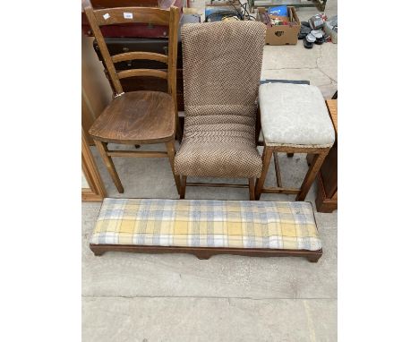 A BEDROOM CHAIR, OAK STOOL, LONG LOW STOOL AND KITCHEN CHAIR 