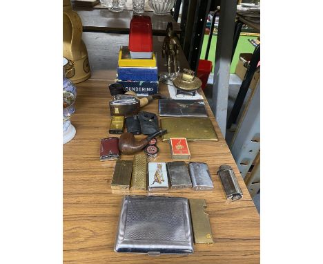 A COLLECTION OF VINTAGE LIGHTERS AND CIGARETTE CASES, PIPES, ETC TO INCLUDE RONSON 