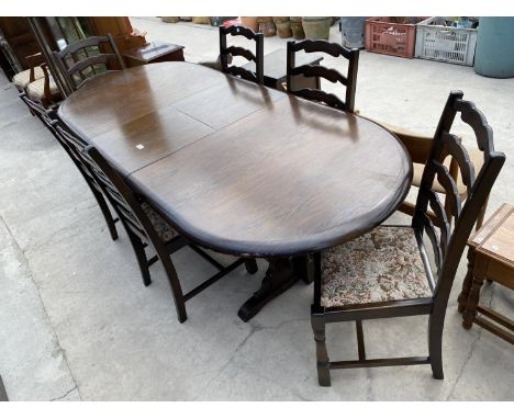 A PRIORY OAK EXTENDING DINING TABLE 66"X34" (17.5" EXTRA LEAF) AND SIX LADDER BACK DINING CHAIRS 