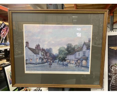 A SIGNED R. RICHARDSON, LIMITED EDITION 347/500 FRAMED PRINT OF PRESTBURY VILLAGE 54CM X 45CM 