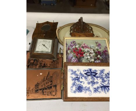 THREE VINTAGE TRAYS, TWO COPPER ETCHED SCENES, A BAROMETER AND A SHIELD SHAPED MIRROR 