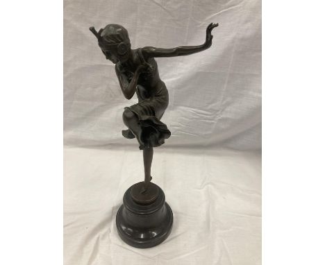 A BRONZE FIGURE OF A DANCING LADY ON A MARBLE BASE SIGNED D H CHIPARUS 39CM TALL 
