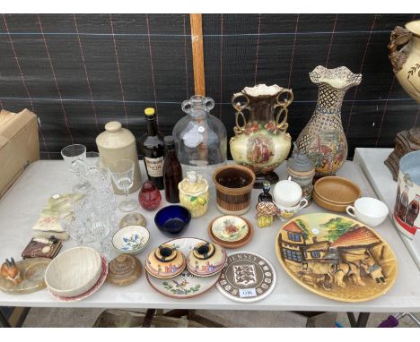 AN ASSORTMENT OF ITEMS TO INCLUDE CERAMIC VASES, A GLASS DEMI JOHN AND GLASSES 