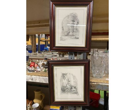 TWO WOODEN FRAMED PRINTS OF A CHILD CHIMNEY SWEEP WITH A CAT AND A GIRL WITH A DOG 32CM X 27CM 