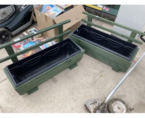 TWO WOODEN TROUGH PLANTERS WITH PLASTIC INSERTS 