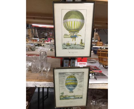 A PAIR OF VINTAGE FRAMED PRINTS DEPICTING HOT AIR BALLOON CROSSINGS 