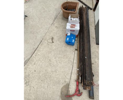 AN ASSORTMENT OF ITEMS TO INCLUDE CAST IRON GUTTERS, A LONG REACH LOPPER AND TUBES OF SILICONE ETC 