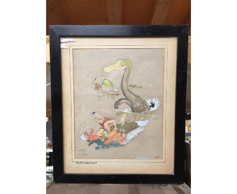 A FRAMED WATERCOLOUR ENTITLED 'THE FIRST SPEED BOAT FROM THE 'PREHISTORIC' SERIES AFTER LAWSON WOOD BY P.H.B 25CM X 29.5CM 