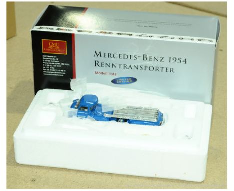 CMC M-036K Mercedes-Benz 1954 Renntransporter - 1/43 Scale with blue body, wheels with plated hubs with flatbed. This comes c