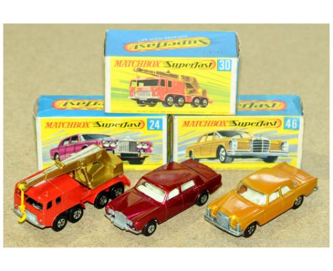 Matchbox Superfast a boxed group to include 24 Rolls Royce Silver Shadow (Pink Base), 30 8-Wheel Crane &amp; 46 Mercedes 300 