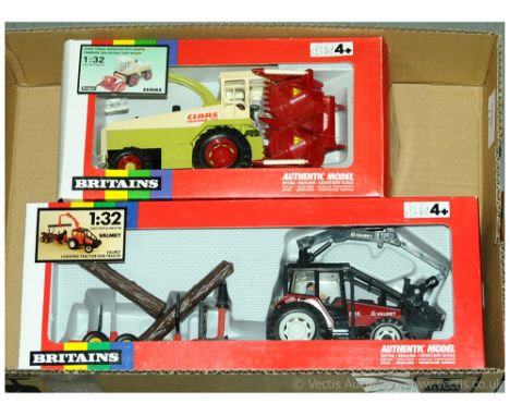 Britains - a boxed pair of 1/32 Scale Farm related Models comprising of 9627 Valmet Logging Tractor and Trailer along with 95