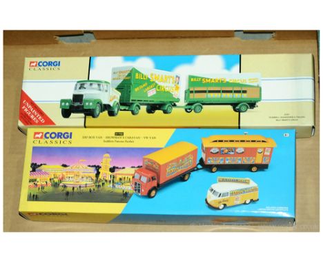 Corgi a boxed Circus pair to include 31702 ERF Box Van &amp; Showmans Caravan &amp; VW Van 'Saddlers Famous Funfair' &amp; 97