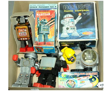 A tinplate &amp; plastic Robot related group to include boxed Radio Control Robot V-2, boxed attacking martian plus others. C