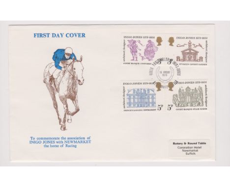 Great Britain 1973 Inigo Jones Set on Official Newmarket Rotary FDC and H/S. Scarce, cat £150 (9 in total)