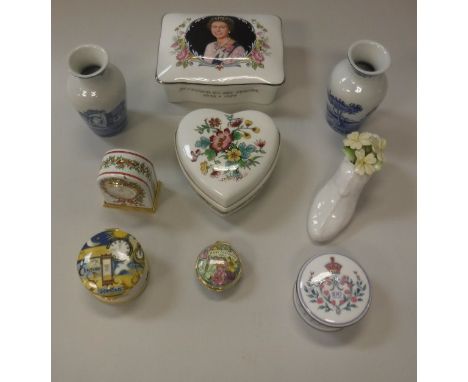 A collection of various trinket pots to include Coalport, Crown Staffordshire, etc, a Halcyon Days enamel clock and a Halcyon