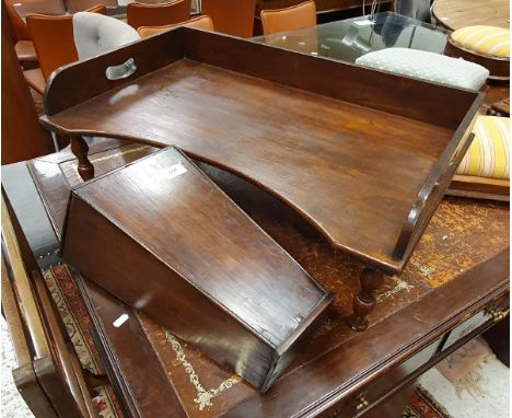  A 19th Century oak candle box, a mahogany bed tray,a towel rail and a firescreen with Chelsea textile fabric panel