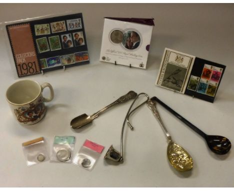 A box containing assorted first day covers, various china and plated wares to include Royal Worcester commemorative cup etc a