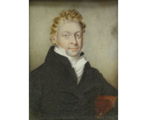 19TH CENTURY SCHOOL "Study of a Gentleman with Cravat and Black Buttoned Coat Seated", miniature study of ivory panel, unsign