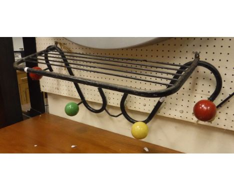 A 1960s retro/vintage atomic/sputnik hat and coat rack with railed shelf and four painted ball hooks together with two furthe