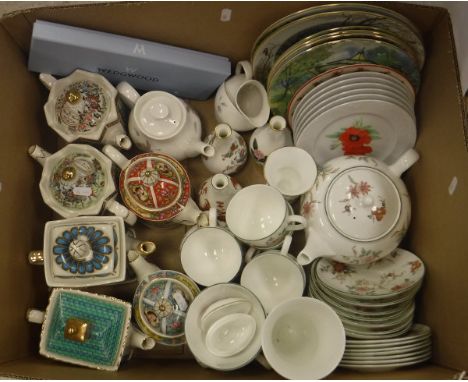 A box containing a selection of various china including Sadler novelty teapots, Wedgwood Philippa pattern tea wares, decorati