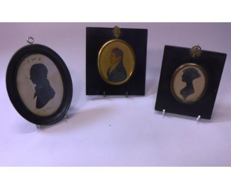 19TH CENTURY ENGLISH SCHOOL "Gentleman in Blue Coat", portrait miniature, watercolour, in ebonised frame, together with two s