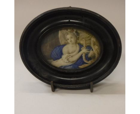 19TH CENTURY CONTINENTAL SCHOOL "Women Playing Harp", portrait miniature on ivory panel, unsigned, in ebonised oval frame CON