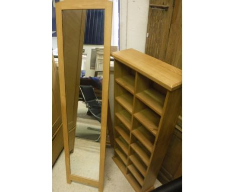 A modern beech framed easel type cheval mirror and a modern oak open shelf unit/key/letter rack